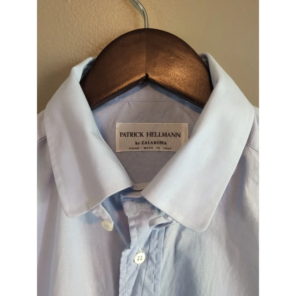 Patrick Hellmann Custom Made Italy Light Blue Dress Shirt 39 15.5 M Solid Luxury